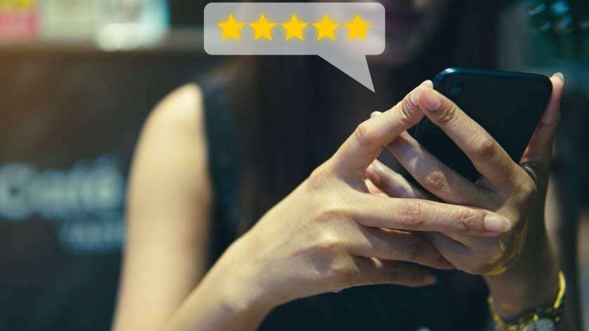 Customer review good rating concept, people use smartphone with five star icon, positive costume
