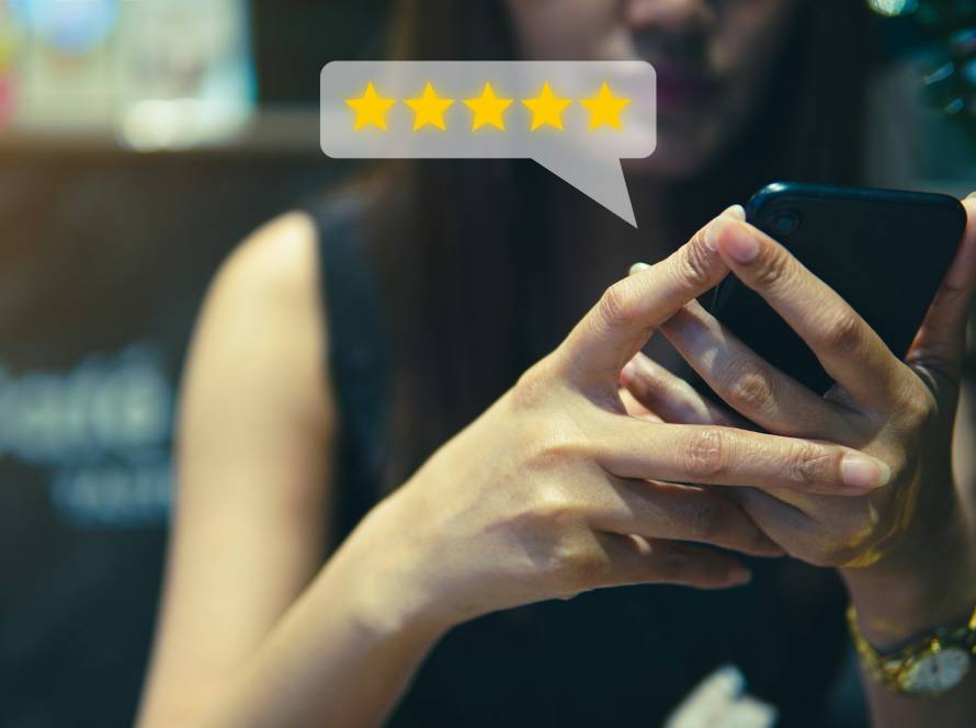 Customer review good rating concept, people use smartphone with five star icon, positive costume